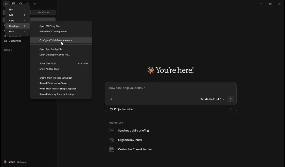 Claude Desktop Developer menu with Configure Third-Party Inference highlighted
