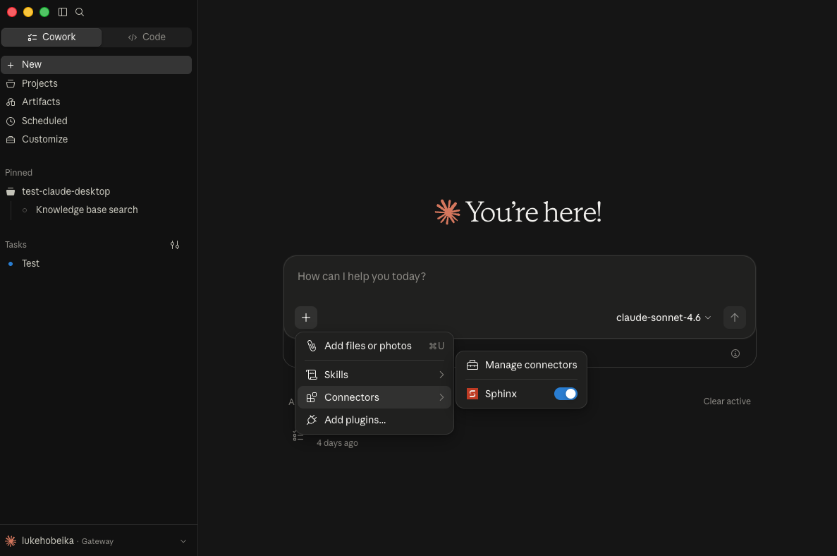 Claude Desktop chat composer with Sphinx enabled in the Connectors menu