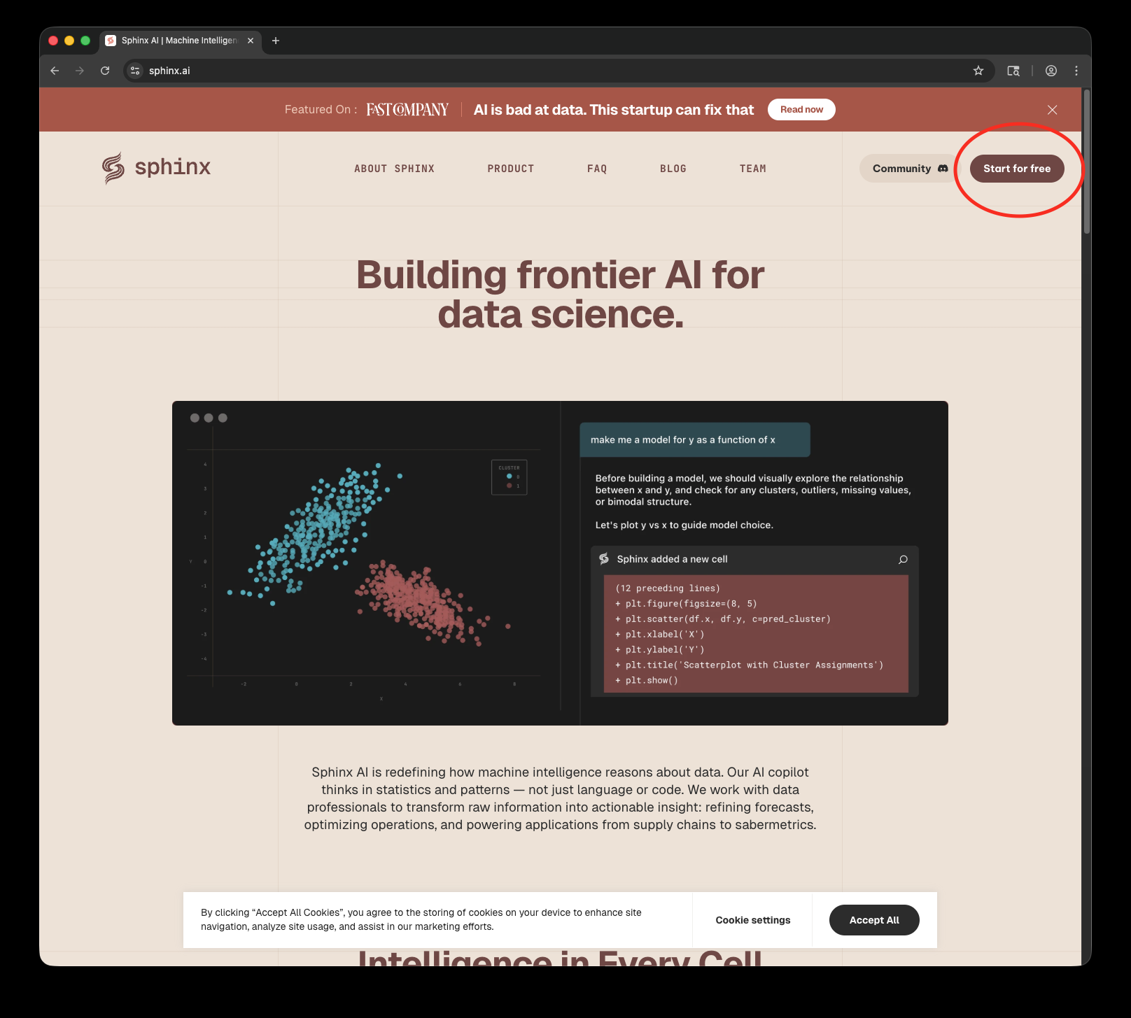 Sphinx homepage with Start for free button