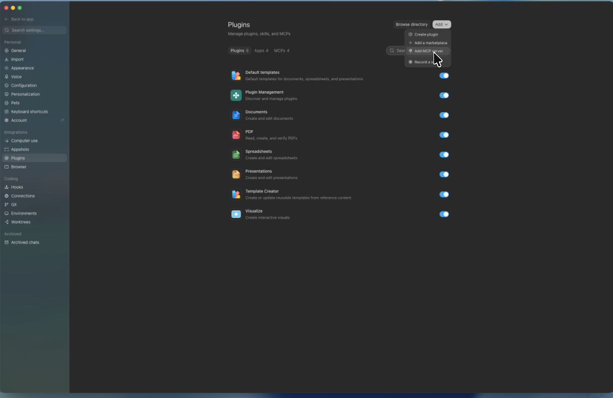 ChatGPT Desktop Plugins page with Add MCP server selected in the Add menu
