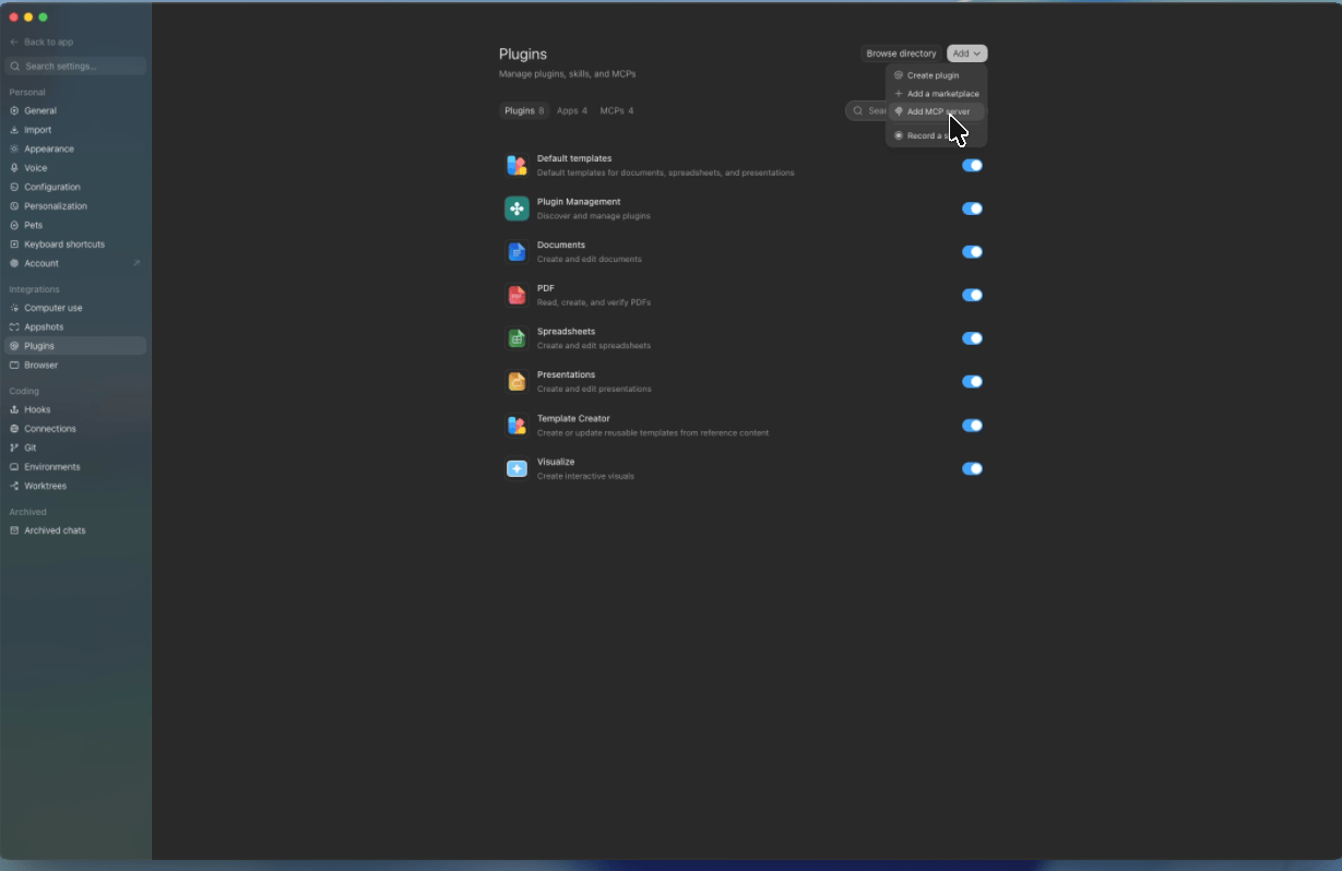 ChatGPT Desktop Plugins page with Add MCP server selected in the Add menu
