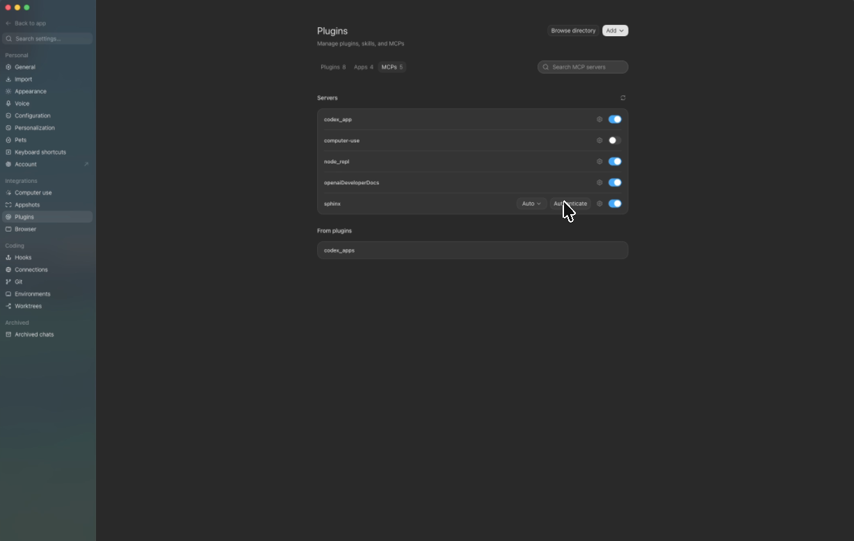 MCPs tab on the ChatGPT Desktop Plugins page showing the Authenticate button for sphinx