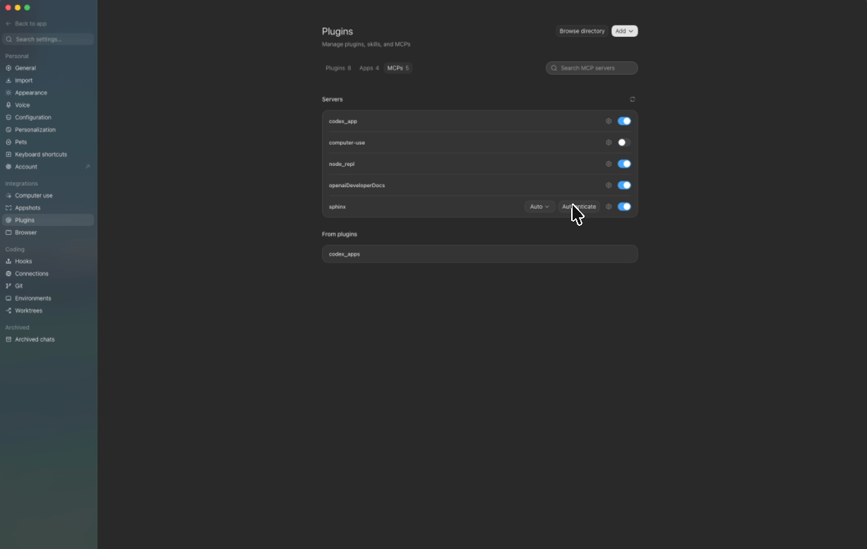 MCPs tab on the ChatGPT Desktop Plugins page showing the Authenticate button for sphinx