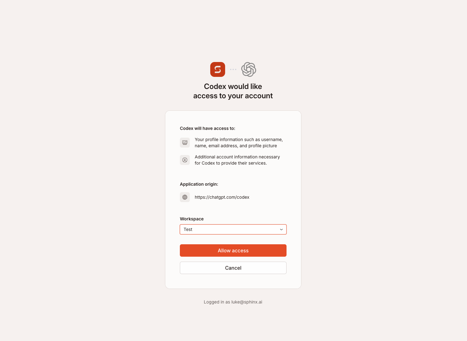 Sphinx authorization page with a workspace selector and Allow access button