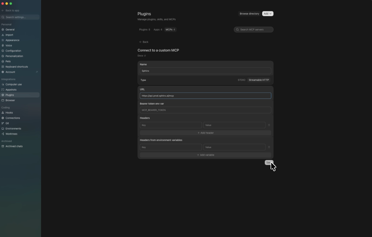 Custom MCP server form configured with the Sphinx name, Streamable HTTP type, and Sphinx MCP URL