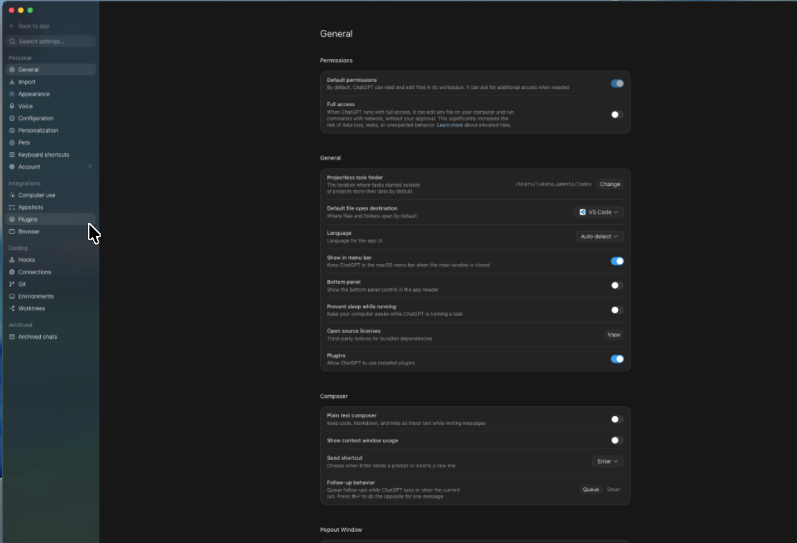 ChatGPT Desktop Settings with Plugins highlighted in the sidebar