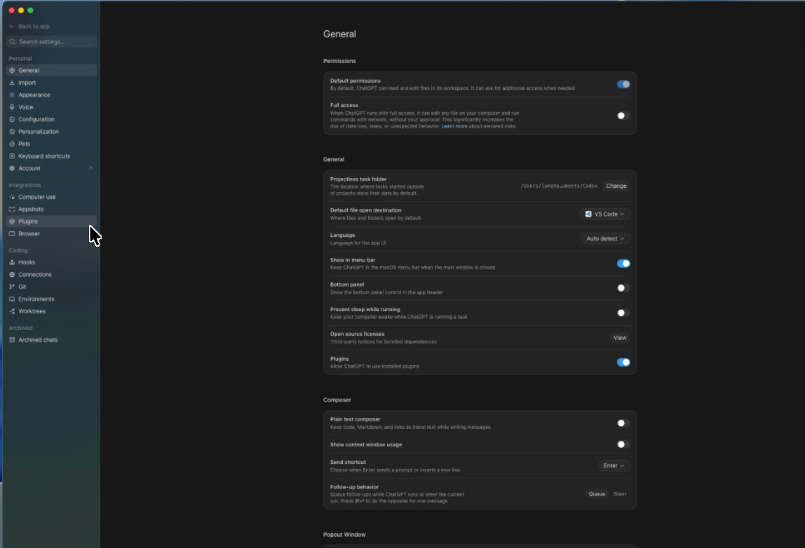 ChatGPT Desktop Settings with Plugins highlighted in the sidebar
