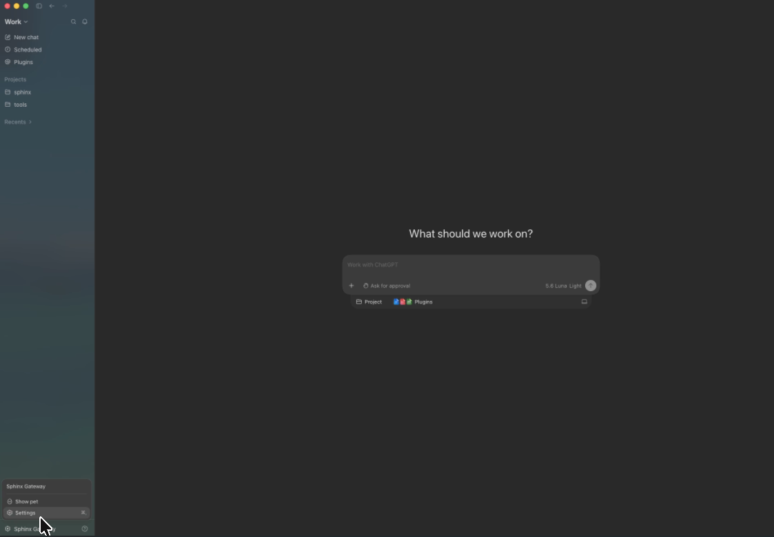 ChatGPT Desktop account menu with the Settings option highlighted