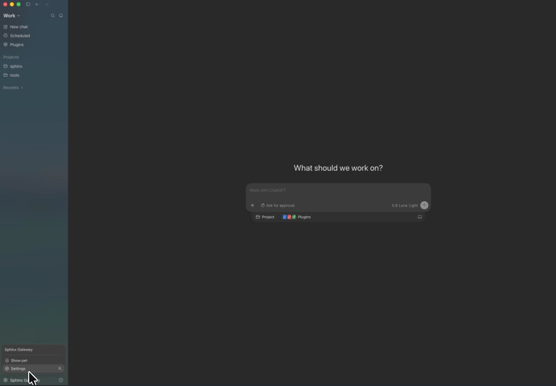 ChatGPT Desktop account menu with the Settings option highlighted