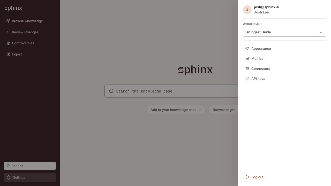 Sphinx Settings drawer with a workspace selected and the Connectors link visible