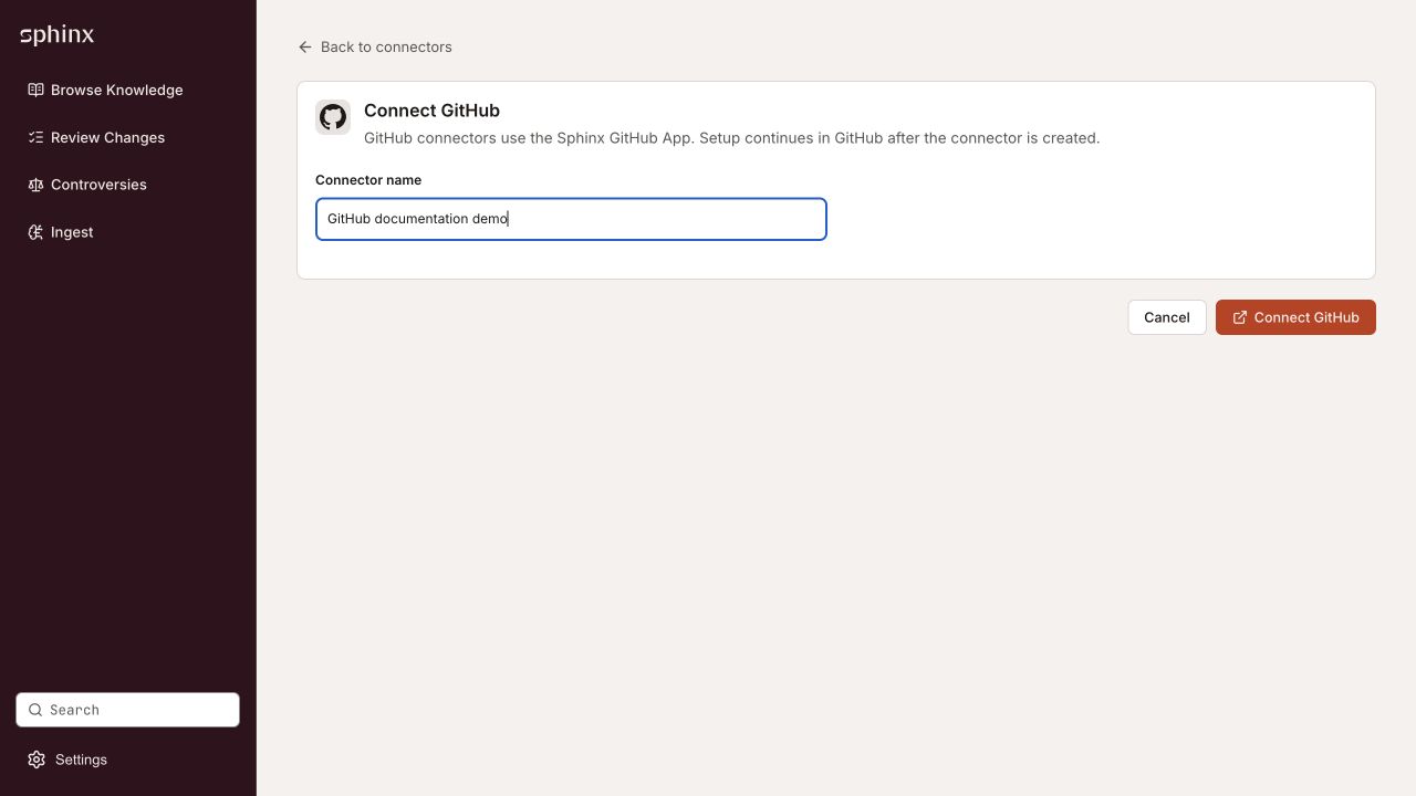 GitHub connector form with an example name and the Connect GitHub button