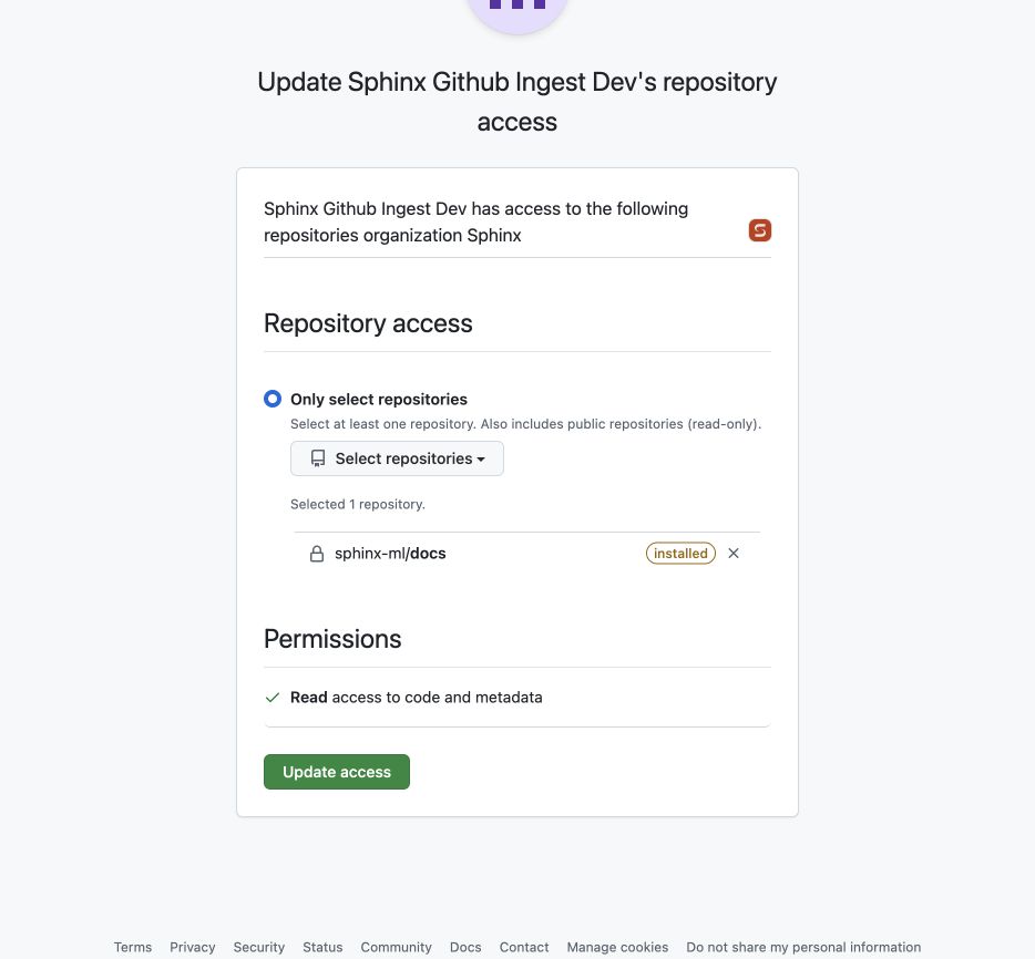 GitHub repository access screen with sphinx-ml/docs selected and read access to code and metadata shown