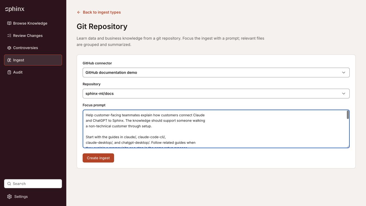 Git Repository form with a saved connector, sphinx-ml/docs repository, a detailed focus prompt, and Create ingest button