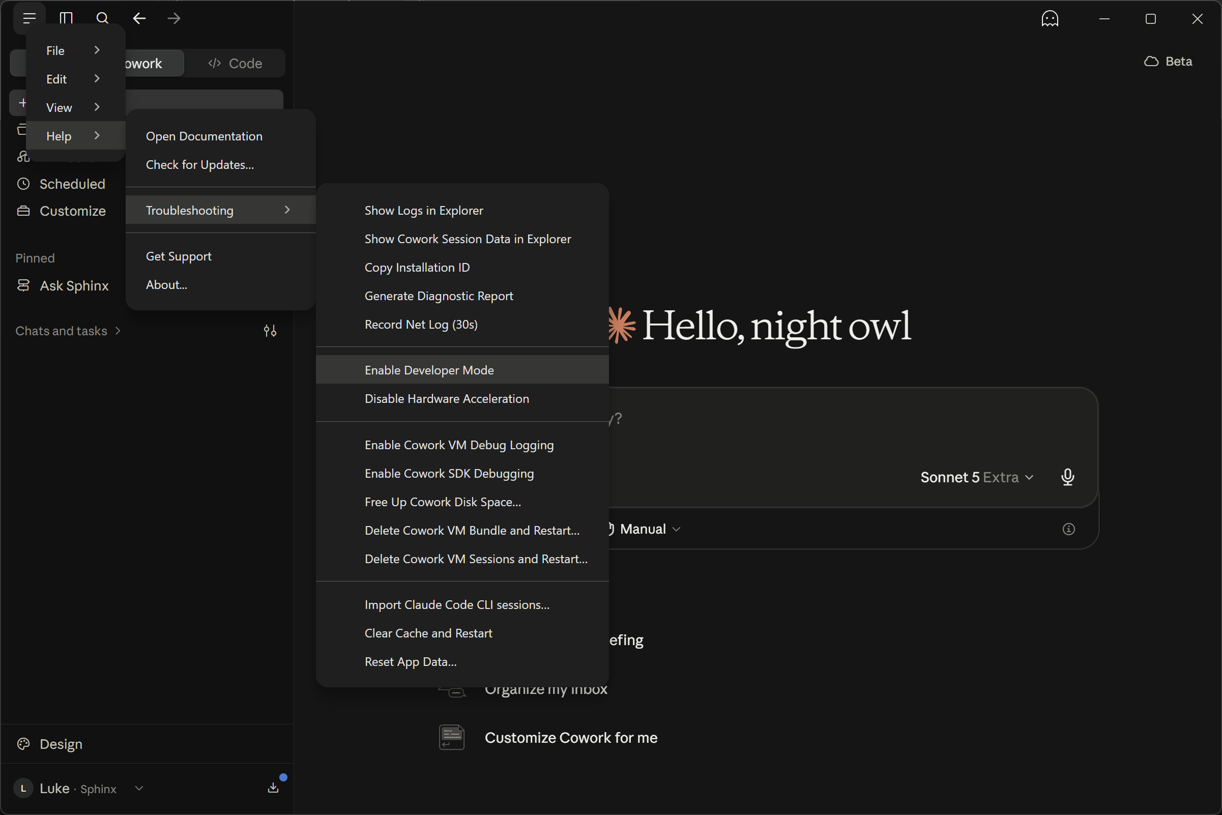 Claude Desktop for Windows with the top-left menu open, showing Help, Troubleshooting, and Enable Developer Mode