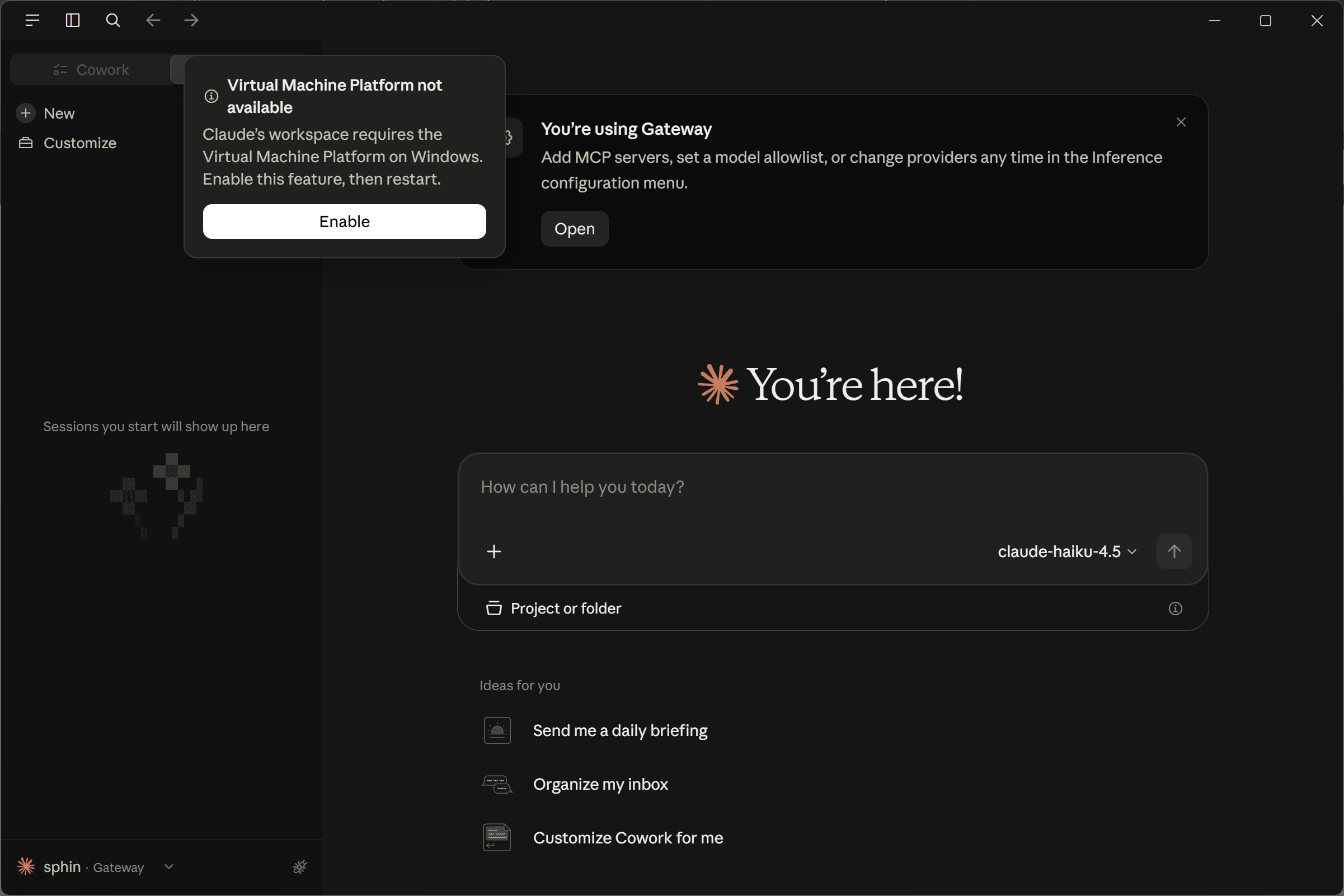 Claude Desktop on Windows showing a Virtual Machine Platform not available message with an Enable button