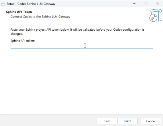 Codex Sphinx LLM Gateway setup wizard with a field for the Sphinx API token