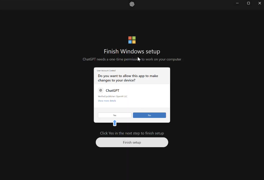ChatGPT Finish Windows setup screen with a User Account Control prompt and instructions to click Yes