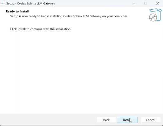 Codex Sphinx LLM Gateway setup wizard showing the Install button