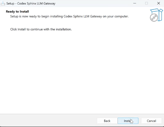 Codex Sphinx LLM Gateway setup wizard showing the Install button