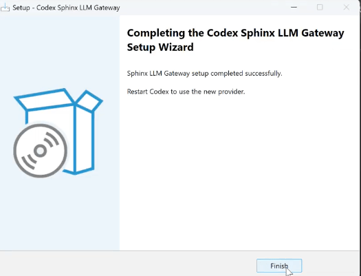 Successful Codex Sphinx LLM Gateway installation with the Finish button
