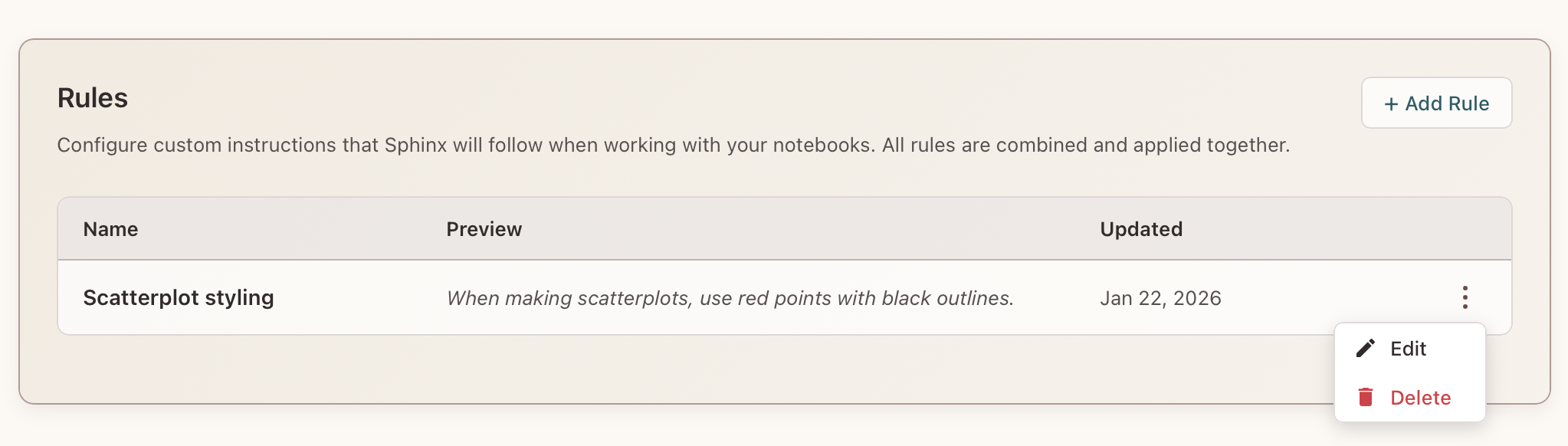 Rules page showing edit and delete options