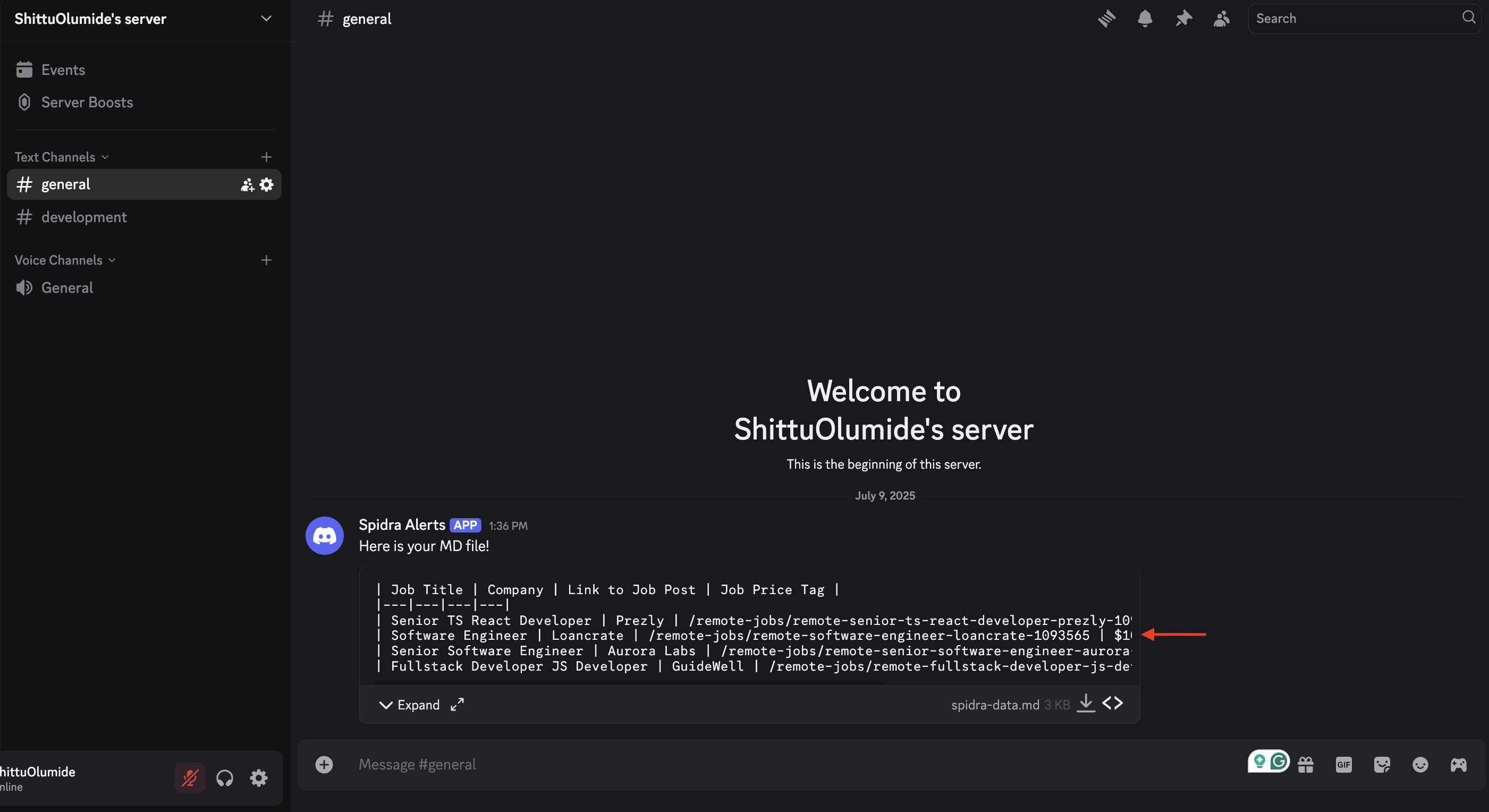 Scrape result sent to Discord channel