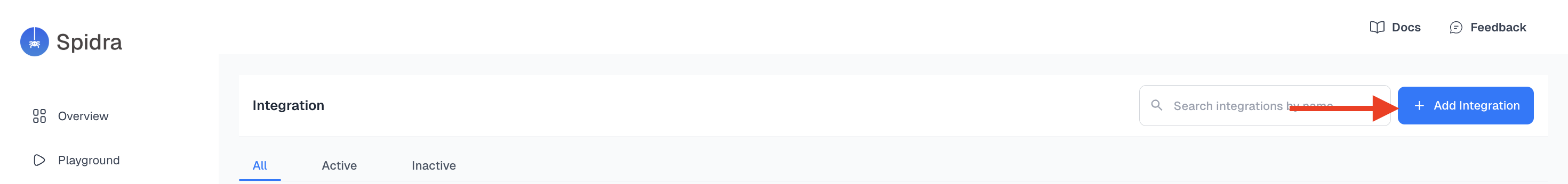 Clicking Add Integration in Spidra dashboard