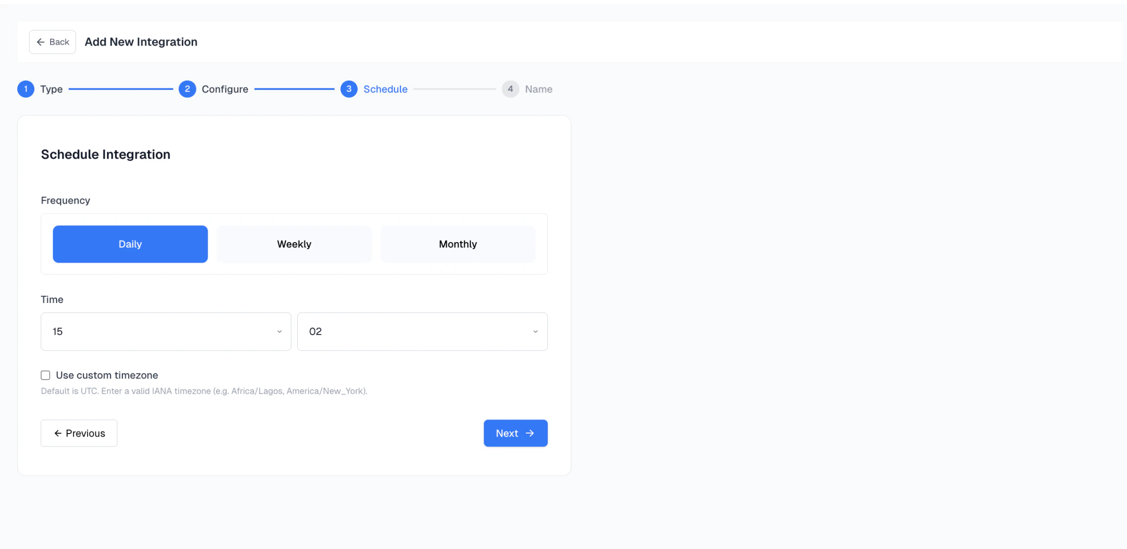 Email integration schedule and timezone settings