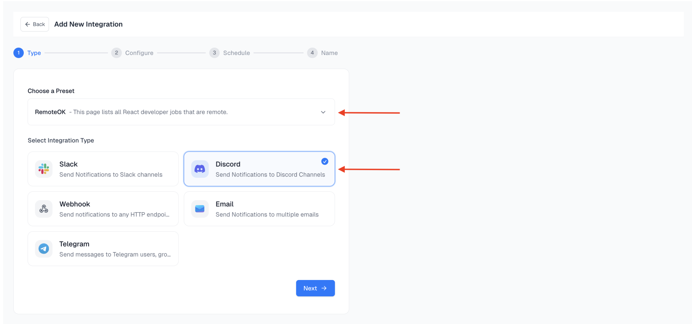 Selecting a preset and choosing Discord as destination
