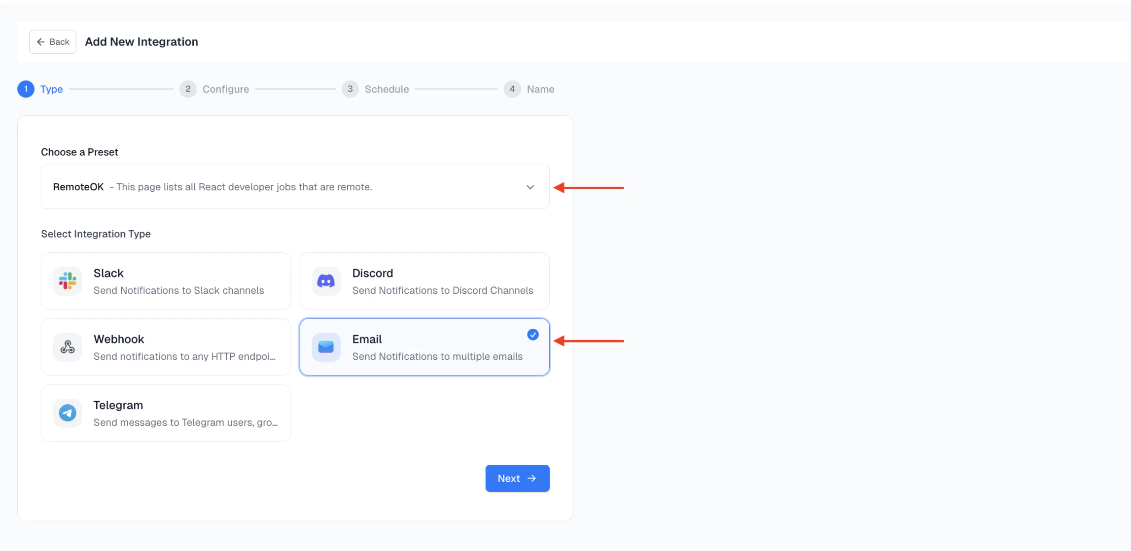 Select preset and choose email delivery