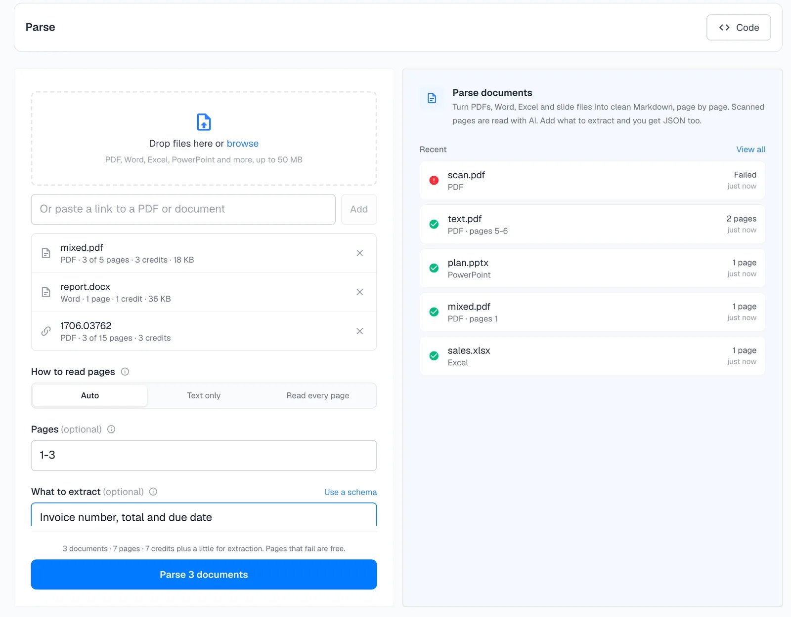 The Parse page with two uploaded files and a link, each showing its pages and credits, and the options below