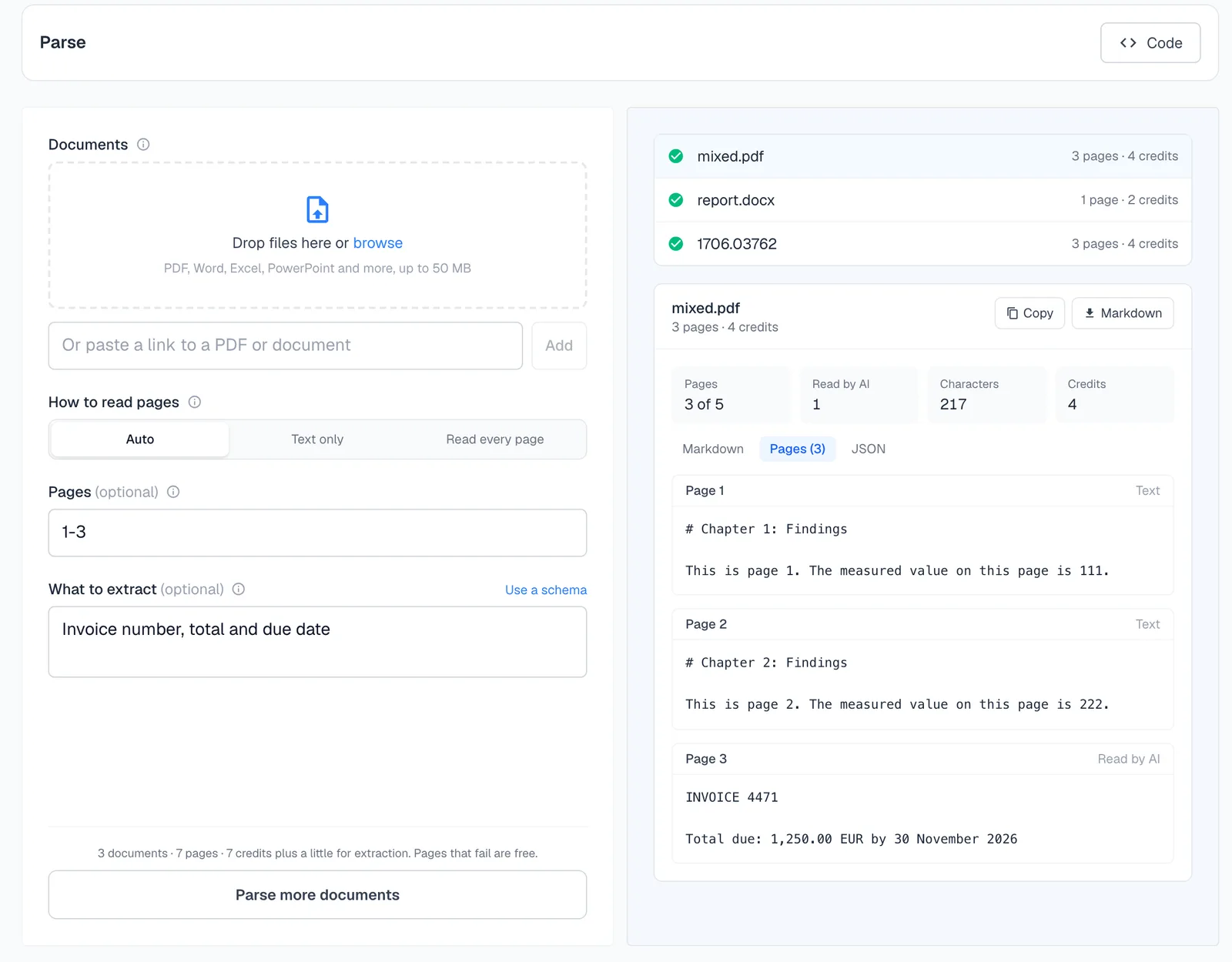 Parse results: three documents done, and the per-page view of mixed.pdf with page 3 read by AI