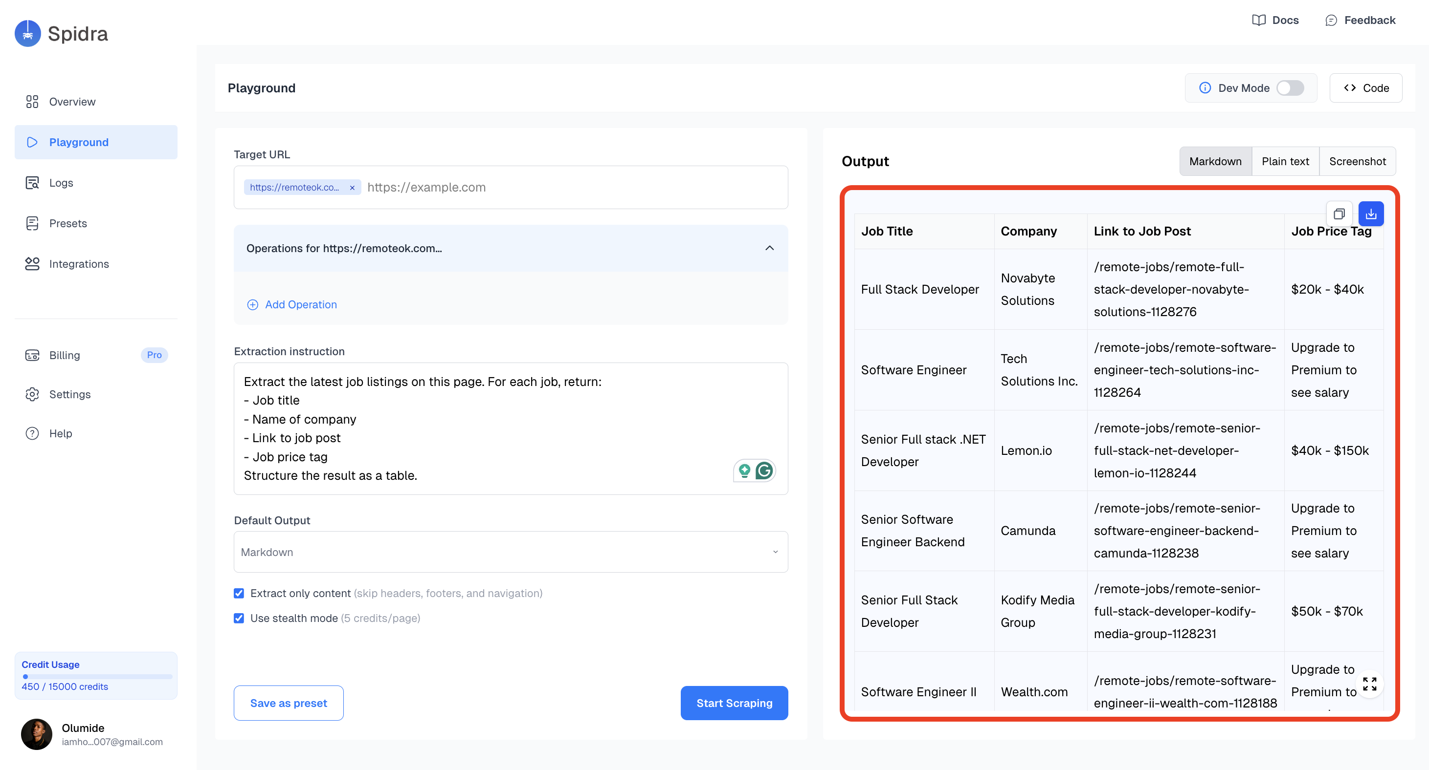 Clicking Start Scraping to launch the job