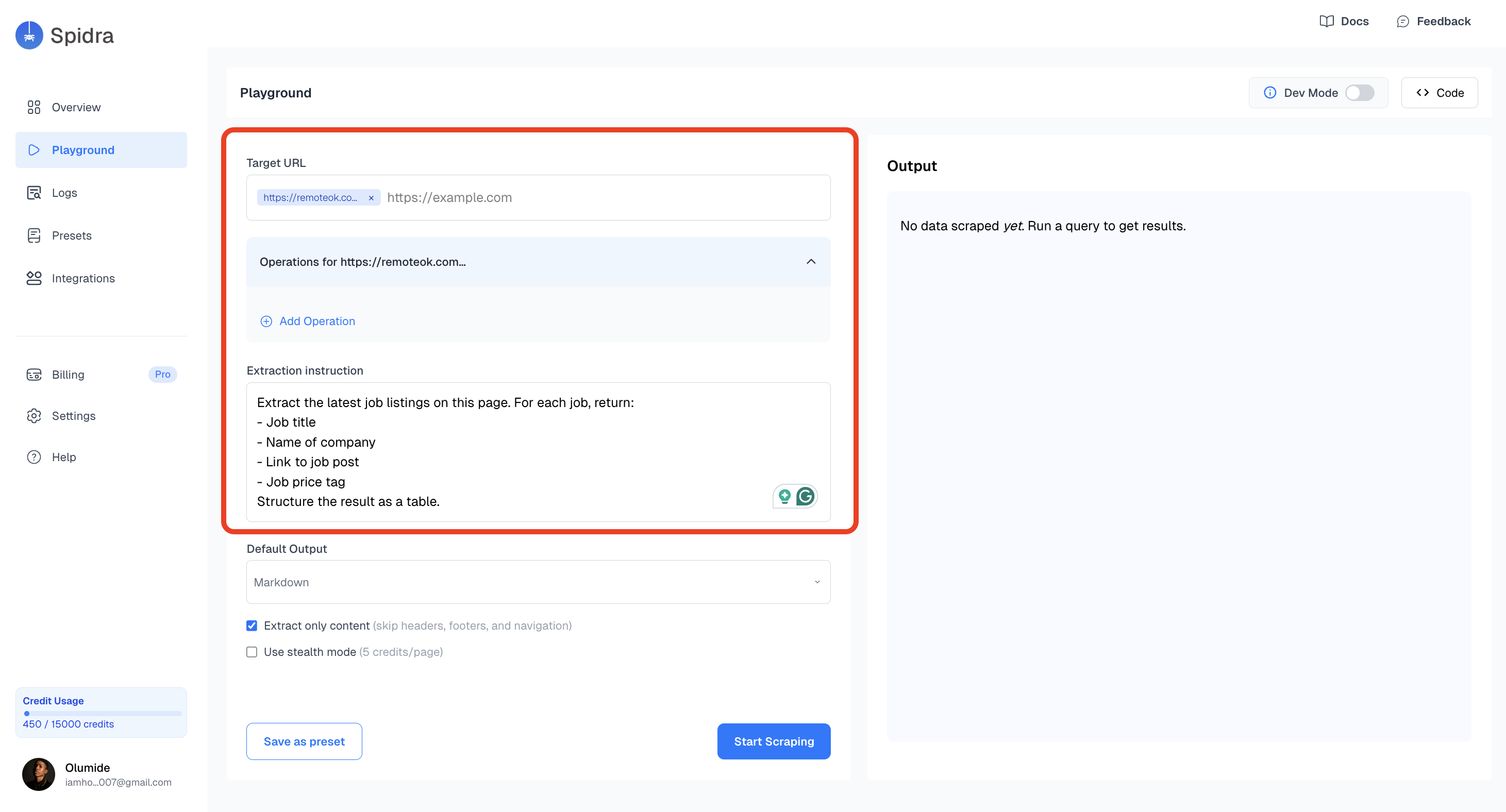 Entering a target URL and extraction prompt