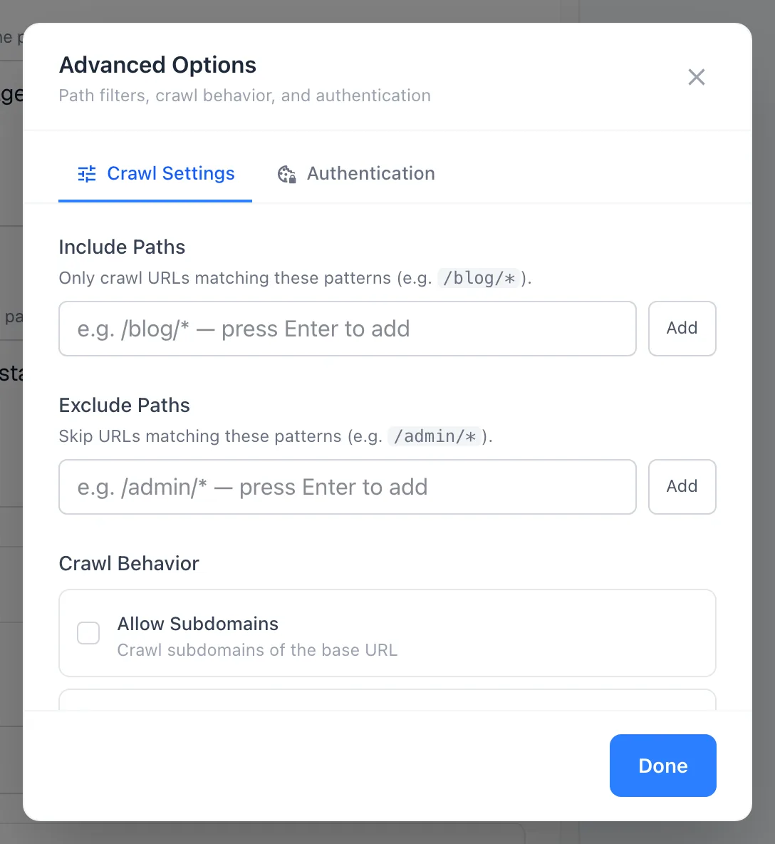 The Advanced Options dialog with include paths, exclude paths and crawl behavior settings