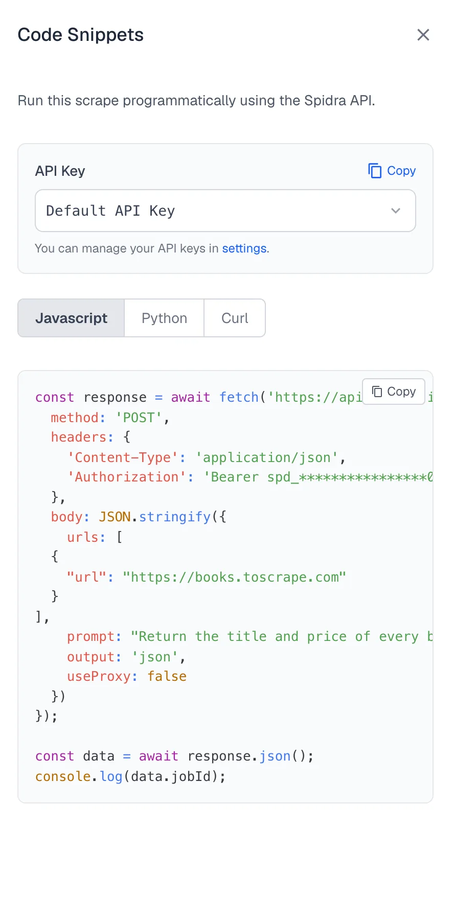 The Code Snippets drawer showing a JavaScript fetch call for the books.toscrape.com scrape
