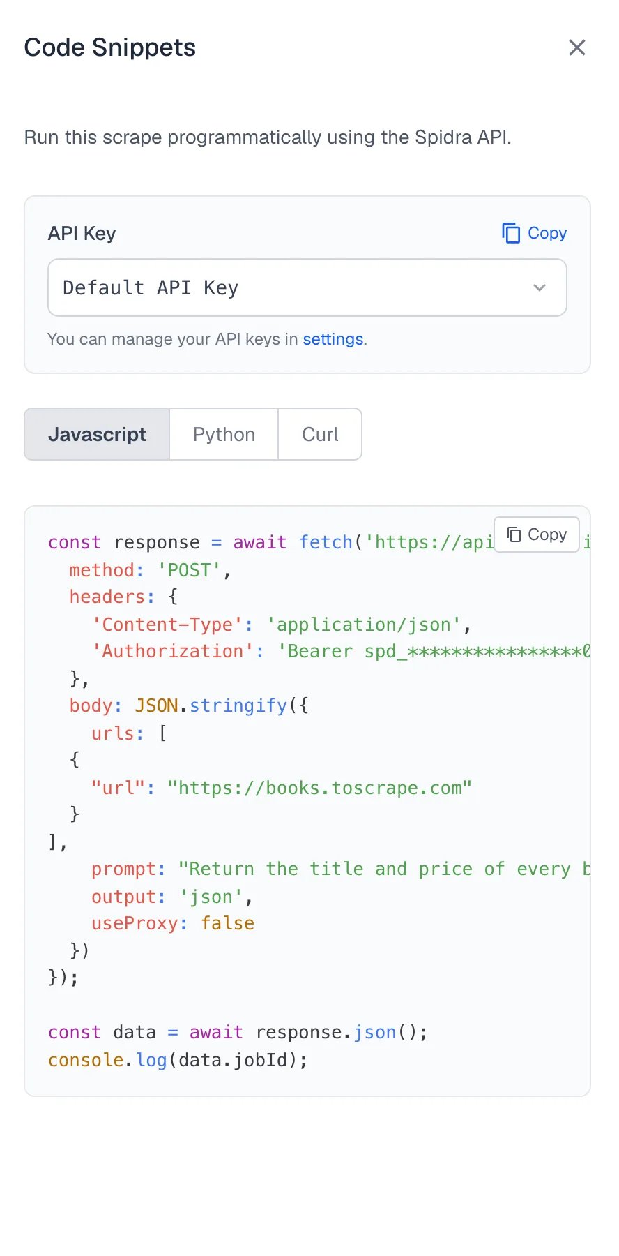 The Code Snippets drawer showing a JavaScript fetch call for the books.toscrape.com scrape