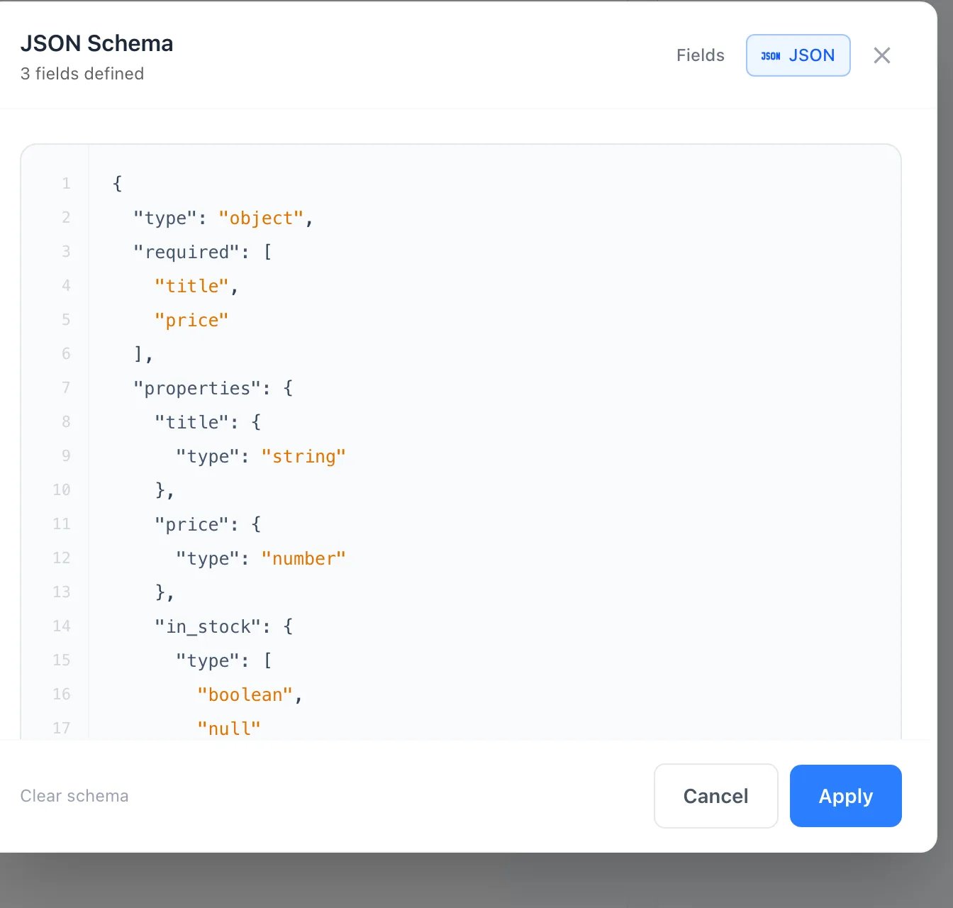 The JSON Schema editor with title, price and in_stock fields