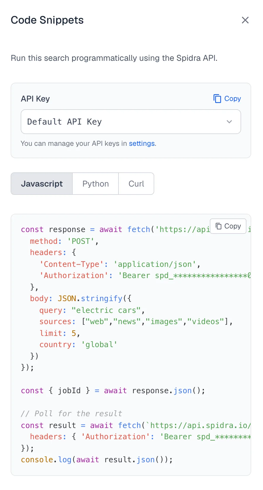 The Code Snippets panel showing a JavaScript request built from the current search settings