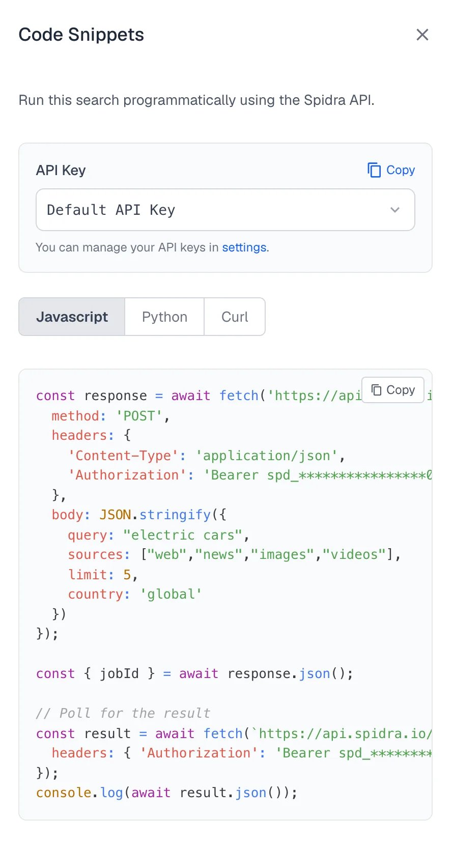 The Code Snippets panel showing a JavaScript request built from the current search settings