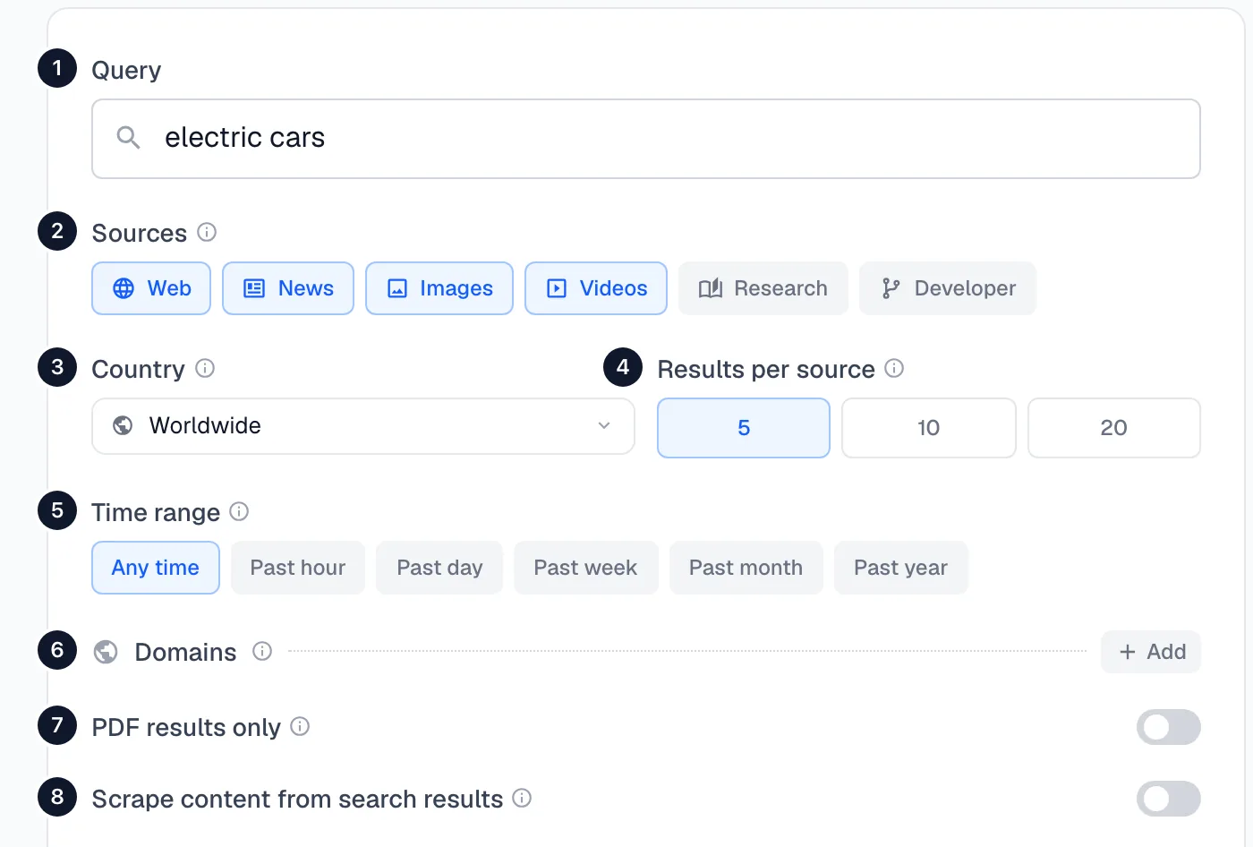 The Search form with numbered markers on the query, sources, country, results per source, time range, domains, PDF and scrape content options