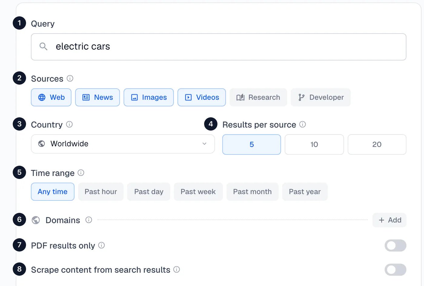 The Search form with numbered markers on the query, sources, country, results per source, time range, domains, PDF and scrape content options