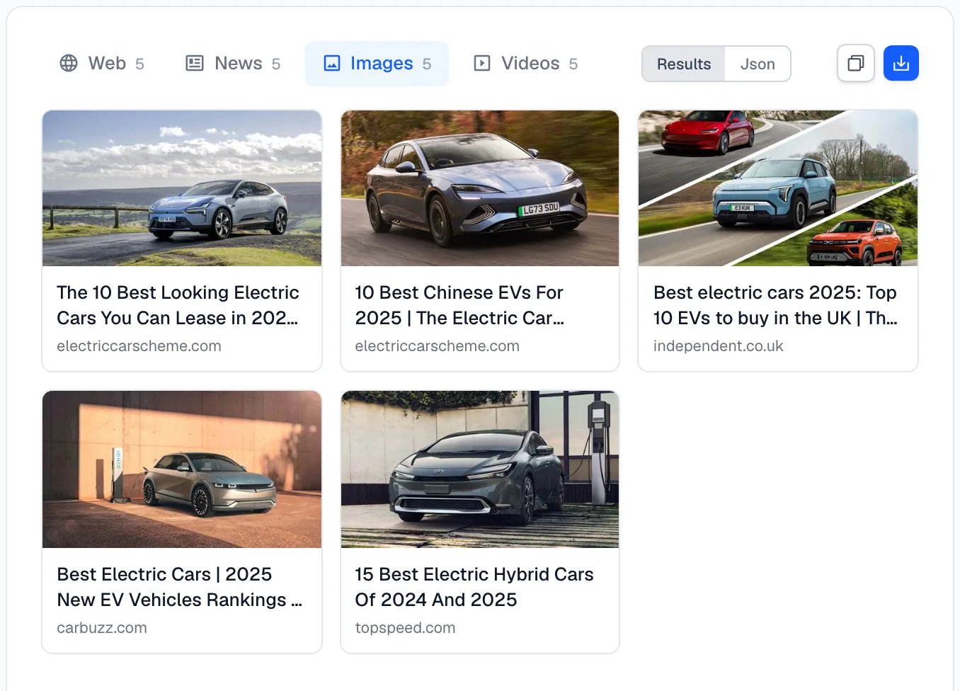 The Images tab showing a grid of image results with their titles and source sites