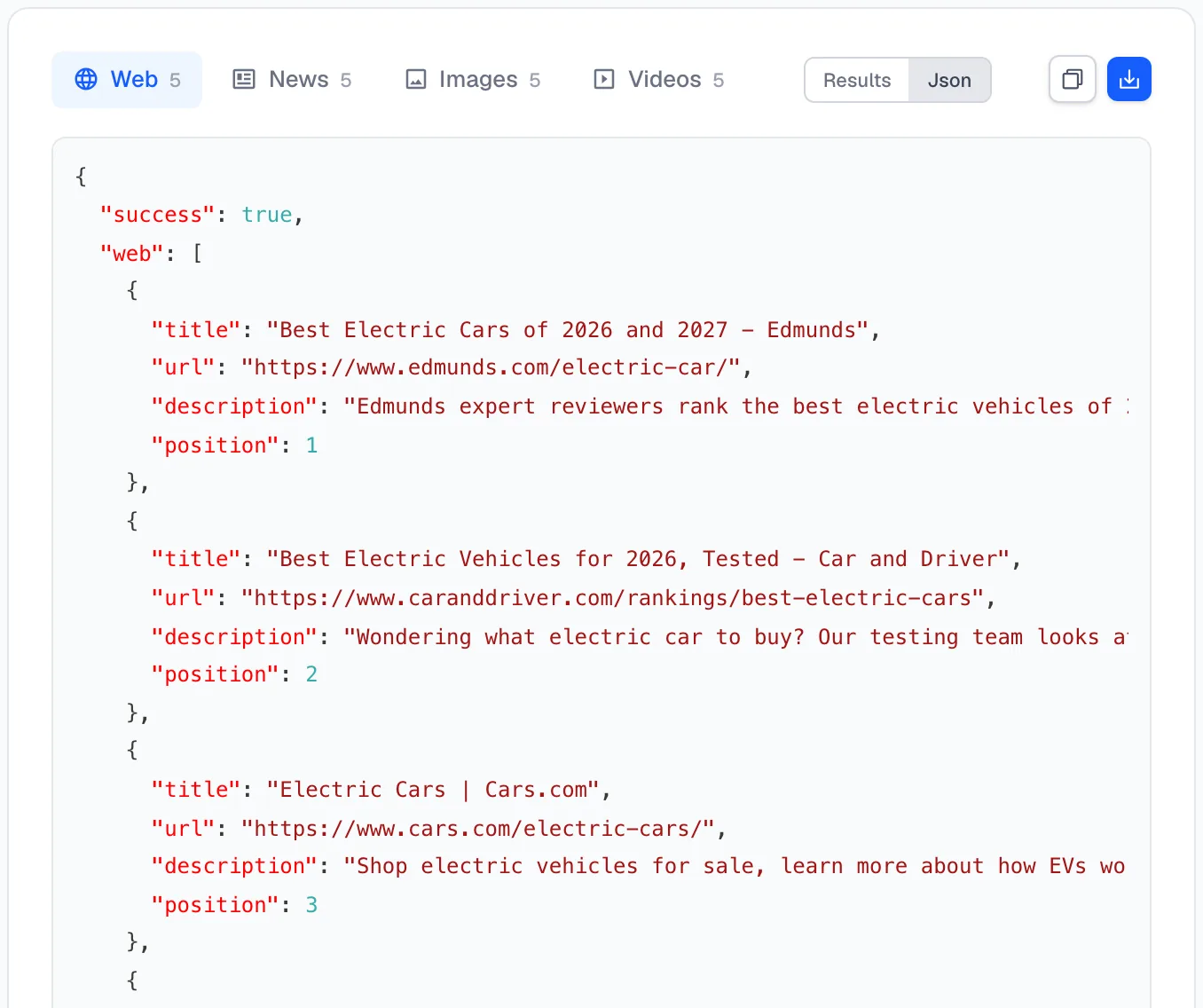 The Json view showing the raw response for the Web tab
