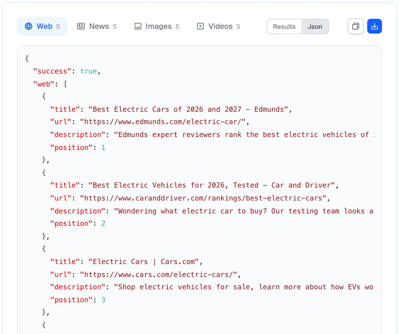 The Json view showing the raw response for the Web tab