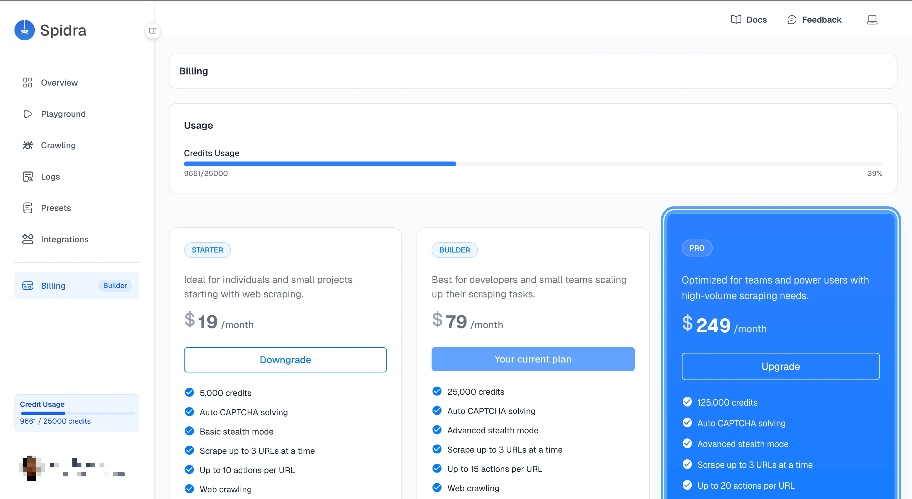 Spidra Billing page showing subscription management options