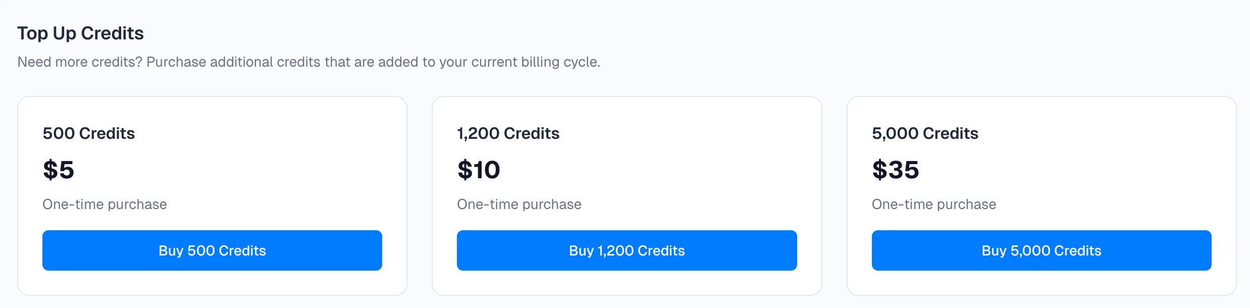 Spidra credit top-up packages and pricing table