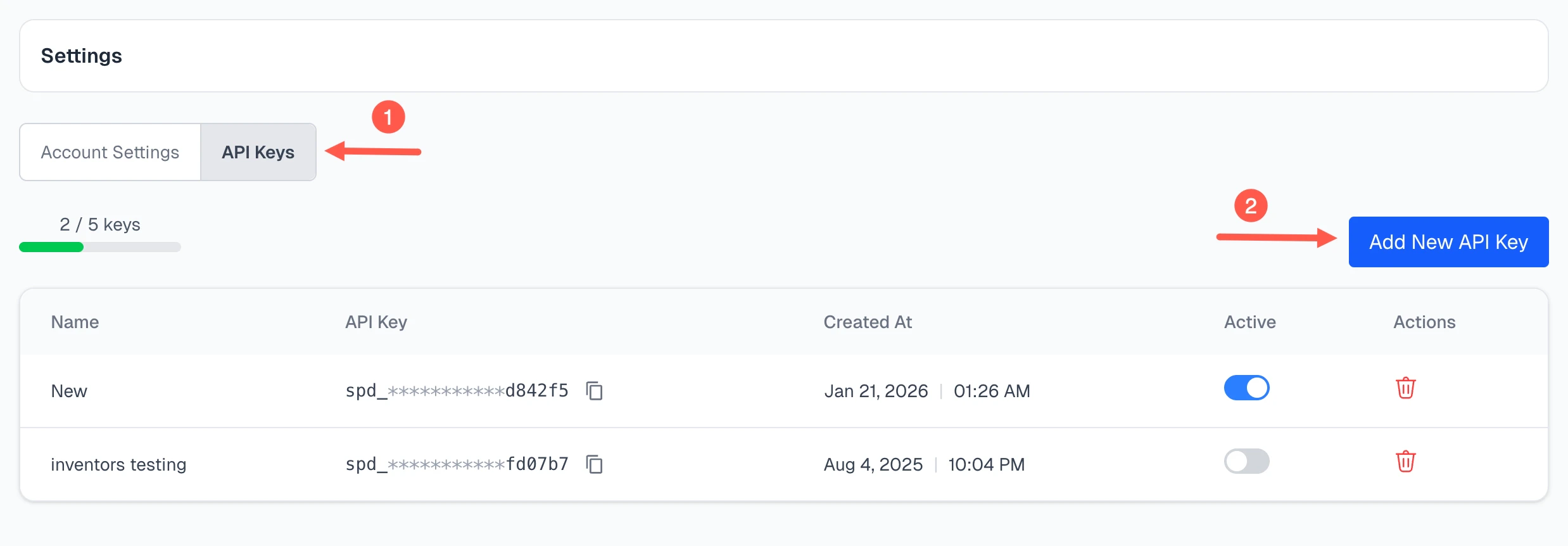 Spidra API Keys settings page