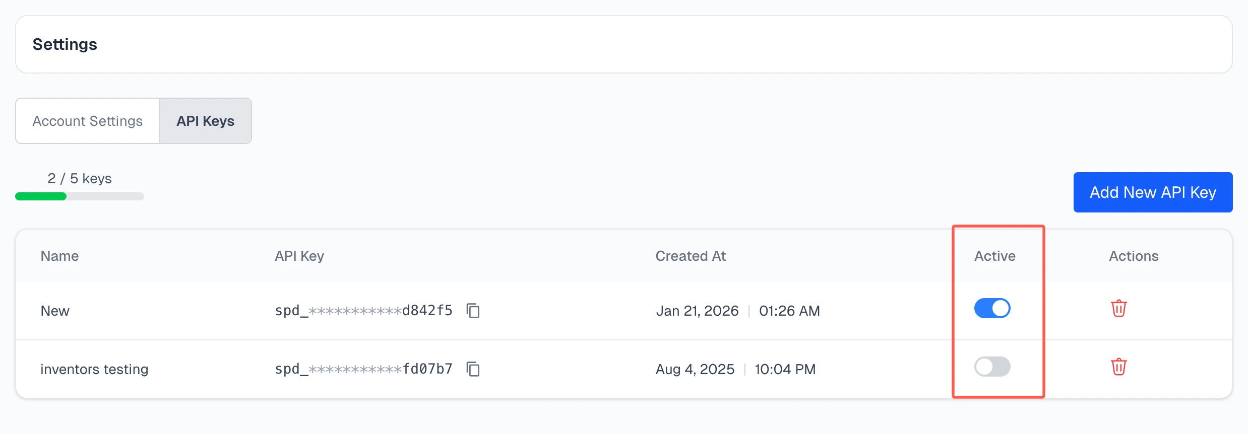 Toggle API key active state
