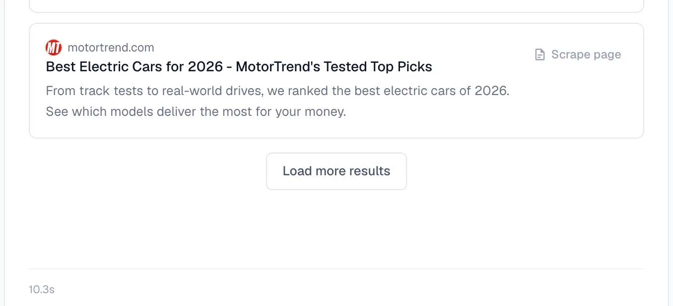 The bottom of a results list with the Load more results button and the search time